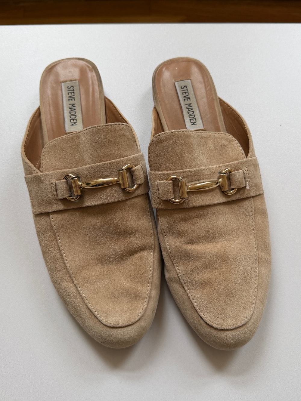 Steve Madden Beige Suede Mule Loafers with Gold Accent